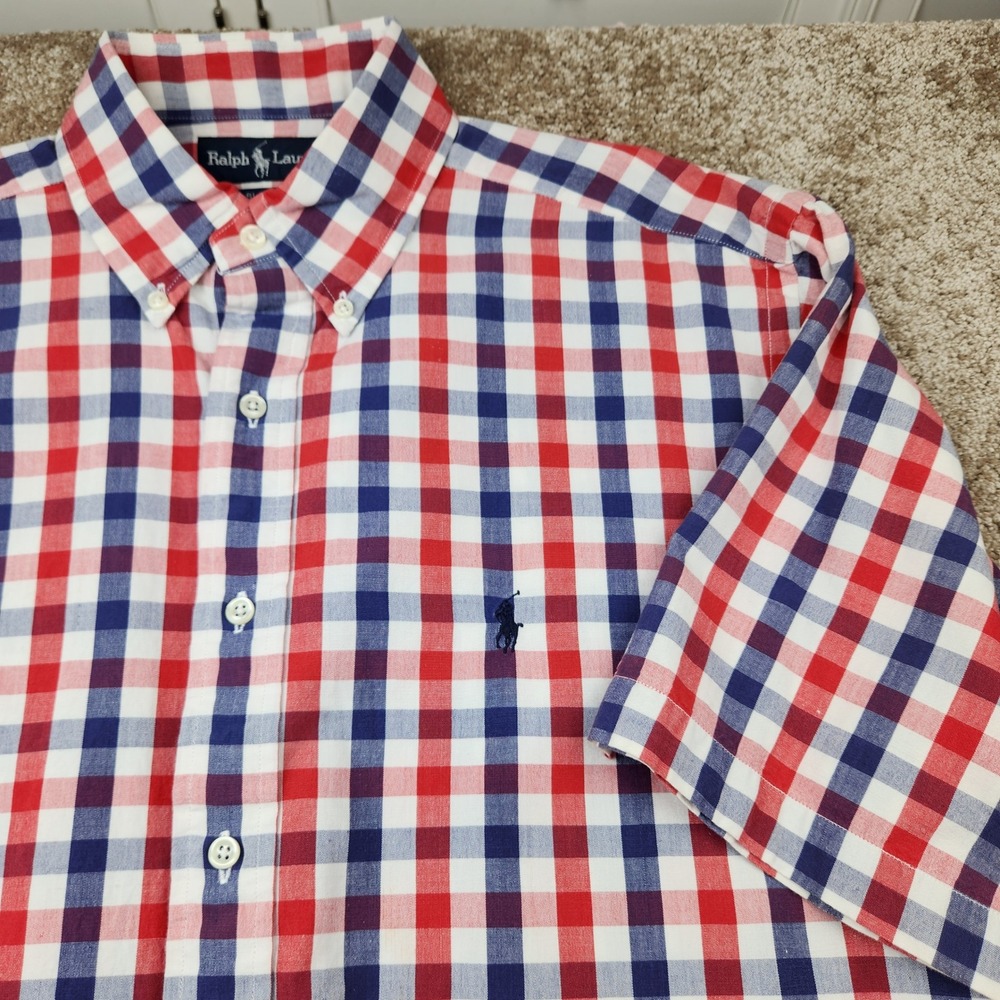 Polo Ralph Lauren Blaire Mens Medium Red White Blue Gingham Short Sleeve Shirt